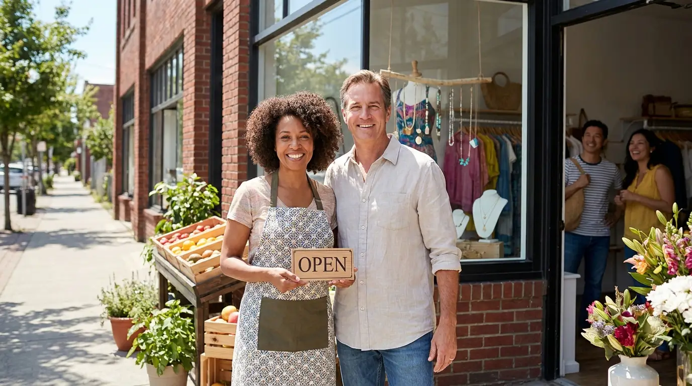 Local store owners welcoming customers at their neighborhood shop
